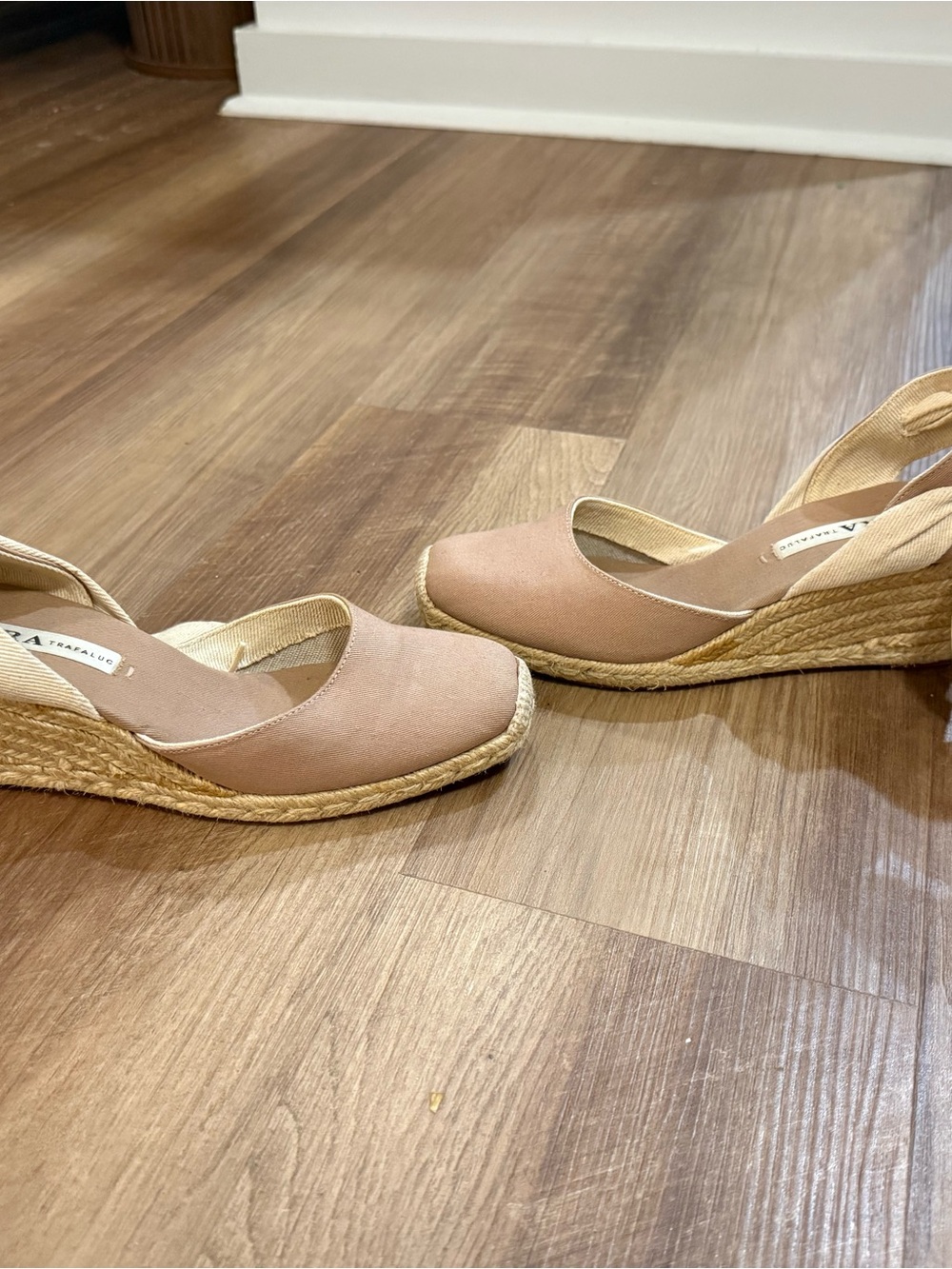 ZARA Taupe Canvas Espadrille Wedge Sandals with Ankle Wrap - Picture 4 of 9
